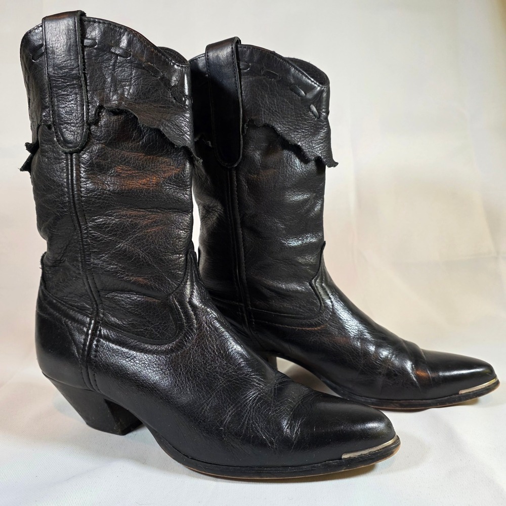 Vtg CODE WEST Black Leather Western Cowboy Boots Womens 8 Slouchy Metal Toe